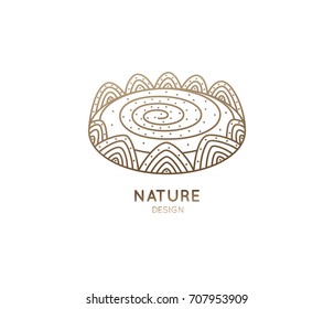 Vector oval logo of nature elements. Linear icon of landscape with mountains, river - business emblems, badge for a travel, tourism and ecology concepts, health and yoga Center.