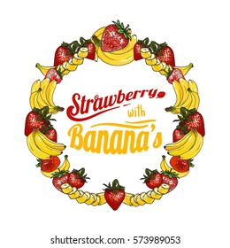 Vector oval set of banana with strawberry. Isolated on white background. Can be used for some print or emblem for juices.