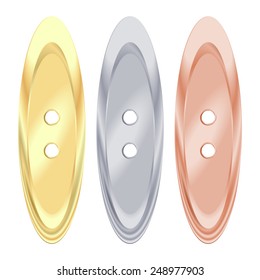 Vector oval sewing buttons of gold, silver, bronze