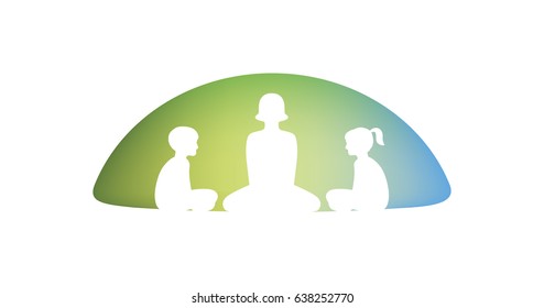 Vector oval shape with kids and adults sitting in a circle with their legs crossed. Green blue and cyan abstract children's logo.