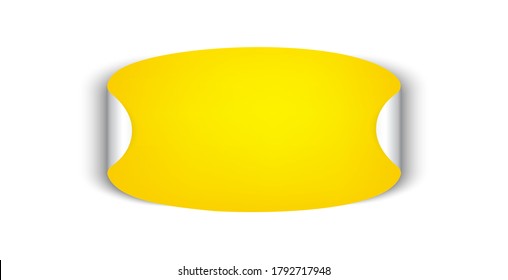 Vector oval sticker. Adhesive symbol. Yellow paper tag with peeling corner. Isolated rounded plastic mockup sign. Mockup adhesive label sticker. Blank message banner with round corners. Vector