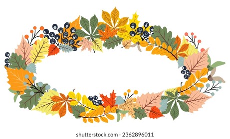 Vector oval wreath of fallen leaves.
Beautiful wreath of yellow and red leaves. Autumn leaves. Decor for invitations, greeting cards, posters. Flat illustration of oval wreath on white background