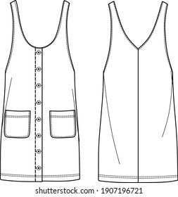 Vector overall dress technical drawing, woman overall fashion CAD, dress template with pockets and buttons