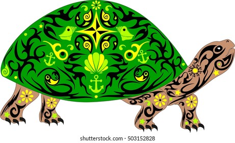 Vector overland turtle, reptile with the drawing on a body, an animal with a pattern, an armor with sea cockleshells and anchors, a decorative pet,