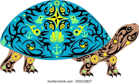 Vector overland turtle, reptile with the drawing on a body, an animal with a pattern, an armor with sea cockleshells and anchors, a decorative pet,