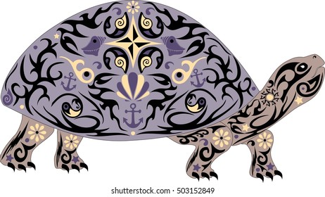 Vector overland turtle, reptile with the drawing on a body, an animal with a pattern, an armor with sea cockleshells and anchors, a decorative pet,