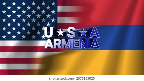 Vector overlapping national wavy flags of United States of America and Republic of Armenia. Agreement between countries. Political and economic alliance. Flowing banners. 3d words