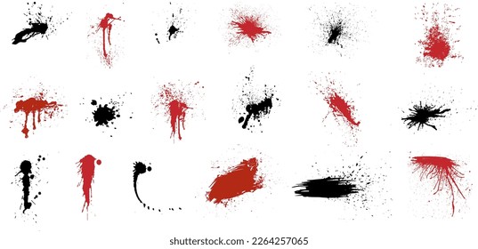 Vector overlay grunge brush strokes and Ink splatters isolated on a white background. Ink splashes and drops. Hand drawn grunge spray and splash design elements.
