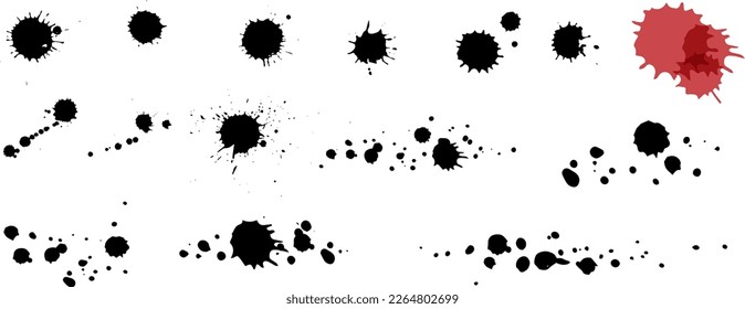 Los trazos de pincel grunge y las manchas de tinta sobrantes del vector aislados en un fondo blanco. Tinta salpicada y gotas. Elementos de diseño de pulverización y salpicadura dibujados a mano.