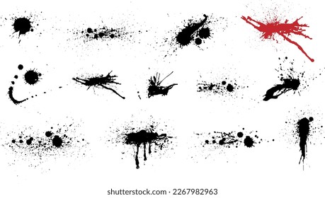 Vector overlay grunge brush strokes and Ink splatters isolated on a white background. Ink splashes and drops. Hand drawn grunge spray and splash design elements.