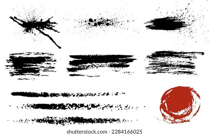 Vector overlay  grunge brush strokes and Ink splatters isolated on a white background. Brush strokes bundle with grungy painted lines. Hand drawn ink spray and splash design elements and drops.