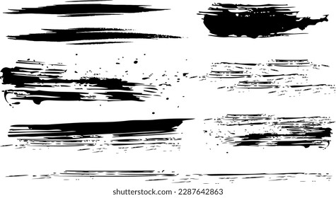 Los trazos de pincel grunge y las manchas de tinta sobrantes del vector aislados en un fondo blanco. Pincel de trazos con líneas pintadas con nitidez. Disparos y gotas de diseño de rociado con tinta dibujada a mano