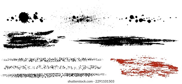 Vector overlay  grunge brush strokes and Ink splatters isolated on a white background. Brush strokes bundle with grungy painted lines. Hand drawn ink spray and splash design elements and drops