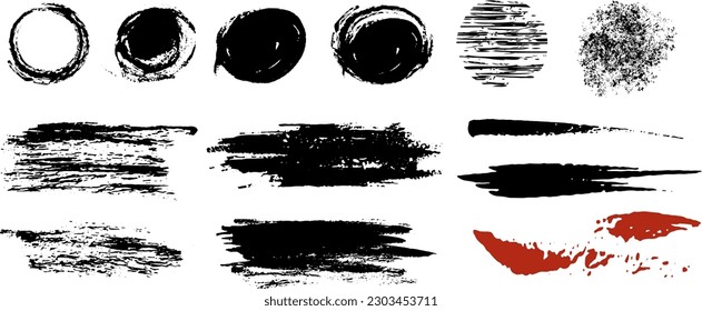 Vector overlay  grunge brush strokes and Ink splatters isolated on a white background. Brush strokes bundle with grungy painted lines. Hand drawn ink spray and splash design elements and drops