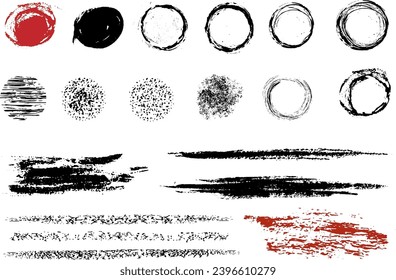 Vector overlay  grunge brush strokes and Ink splatters isolated on a white background. Brush strokes bundle with grungy painted lines. Hand drawn ink spray and splash design elements and drops.