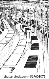 Vector Overlay Texture - Trains of freight wagons in marshalling yard. EPS10 vector.