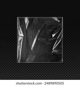 Vector overlay of transparent crumpled plastic bag. Plastic vinyl crumpled film square shape for creative CD cover design. Polyethylene texture effect.