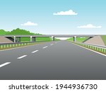 vector overpass or bridge, in a city road. Cityscape suburban or urban. Banner or poster.  The road going into the distance, perspective. Modern flat illustration.