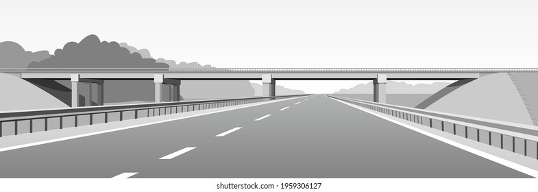 vector overpass or bridge, in a city road. Cityscape suburban or urban. Black and white banner or poster. The road going into the distance, perspective. Modern flat illustration.