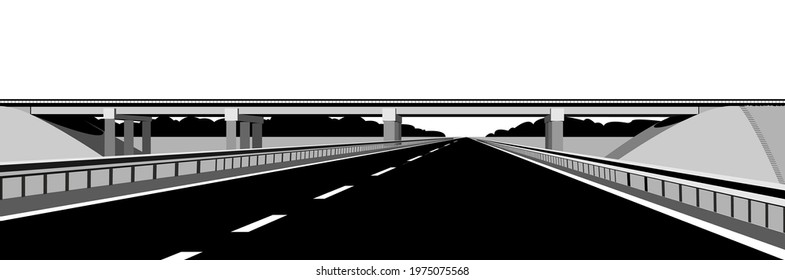 vector overpass or bridge, in a city road. Cityscape suburban or urban. Black and white banner or poster. The road going into the distance, perspective. Modern flat illustration.