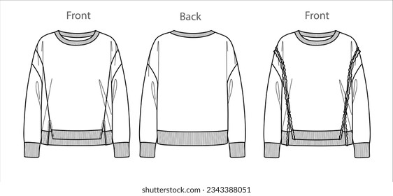 Vector de tamaño excesivo de sudadera de mujer moda CAD, dibujo técnico de sudaderas redondas de manga larga, plantilla, dibujo, plano. Sudadera unisex de tela o de lana con vista frontal, trasera, color blanco