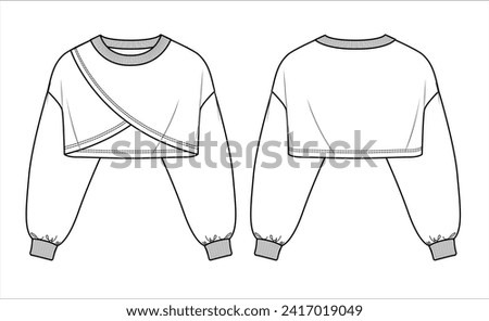 Vector oversize woman sweatshirt fashion CAD, long sleeved crop bolero technical drawing, template, sketch, flat. Fleece or woven fabric wrap sweatshirt with front, back view, white color Imagine de stoc © 