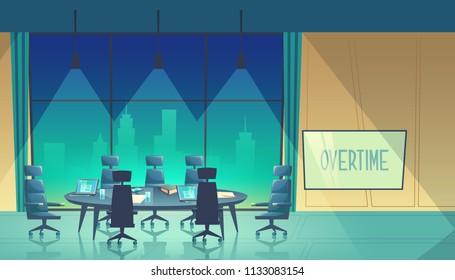 Vector overtime concept - conference hall for business seminar at night, working process in dark evening. Room in skyscraper, urban view from window. Teamwork space in cartoon space