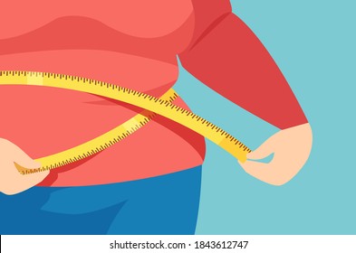 Vector of an overweight female measuring her waistline 
