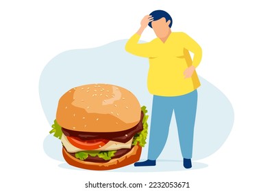 Vector de un hombre con sobrepeso que ansía una hamburguesa de queso gorda