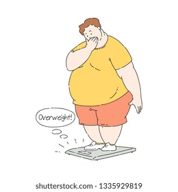 Vector overweight obese unhappy man shocked by his weight standing on scale. Fat male character with obesity. Excessive weight man. Health problems connected with weight. Isolated illustration