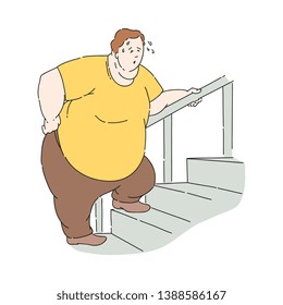 Vector Overweight Obese Unhappy Man Sweating Climbing Up The Stairs. Fat Male Character With Obesity. Excessive Weight Man. Health Problems Connected With Weight. Isolated Illustration