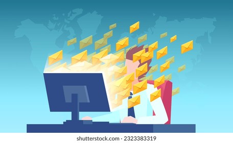 Vector of an overwhelmed businessman sitting at desk going through many emails 