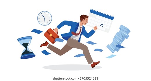 Vector of an overworked businessman running to meet a deadline, surrounded by documents, clock, and hourglass. Perfect for concepts of stress, workload, time management, and business pressure.