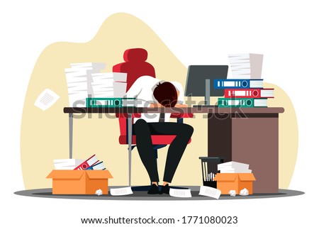 Vector overworked employee sleeping front of computer on desk with paper document folder stack at workplace. Tired office worker, company employee, exhausted businessman take nap. Fatigue and work