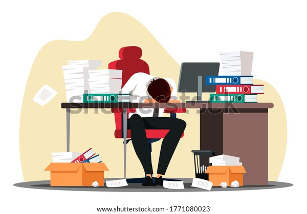 Vector overworked employee sleeping front of\
computer on desk with paper document folder stack at workplace.\
Tired office worker, company employee, exhausted businessman take\
nap. Fatigue and work