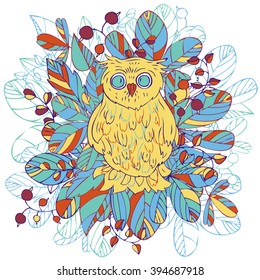 vector owl at background with leaves and berries, autumn twigs and bird, hand drawn natural  cartoon illustration