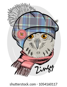 Vector owl with beret and pink scarf. Hand drawn illustration of dressed owl. 