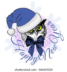 Vector owl in a blue hat. Santa. Happy New Year. Santa Claus cap. Text. 