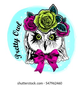 Vector owl with bow and flowers. Hand drawn illustration of dressed owl