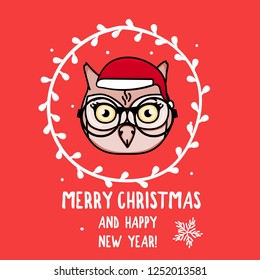Vector Owl character with round glasses. Merry Christmas. Card with cute animal head isolated on red. Holiday hand drawn design 2019