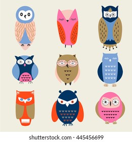 Vector owl characters set. Collection for children books and posters. 