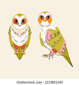 Vector owl characters set. Cute forest bird flat illustration isolated on beige background. Autumn Halloween season