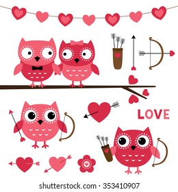 Vector owl couple in love and cupid owls, Valentine's Day set