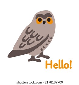 vectorial búho lindo ojos grandes ala vintage niño gracioso en blanco amarillo ilustración saludos palabra hola
