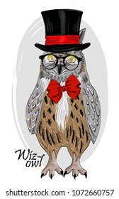 Vector owl with cylinder, red bow and glasses. Hand drawn illustration of dressed owl. Owl-illusionist.