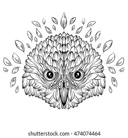 Vector owl face pattern. Black and white. Line version.