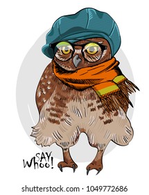 Vector owl with glasses, blue cap and orange scarf. Hand drawn illustration of dressed owl. 
