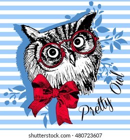 Vector owl with glasses and bow. Hand drawn illustration of dressed owl.