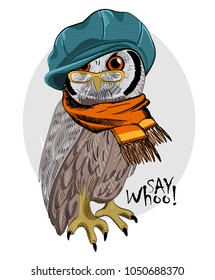 Vector owl with glasses, green cap and orange scarf. Hand drawn illustration of dressed owl. 