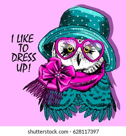 Vector owl with glasses, hat and neckerchief. Hand drawn illustration of owl.